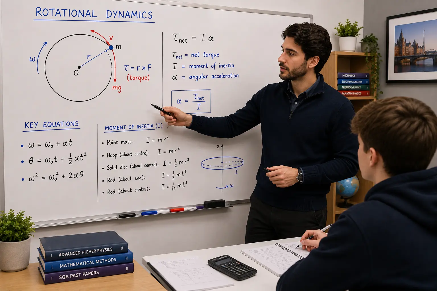 Advanced Higher Physics tutor in Glasgow working through rotational dynamics equations on a whiteboard