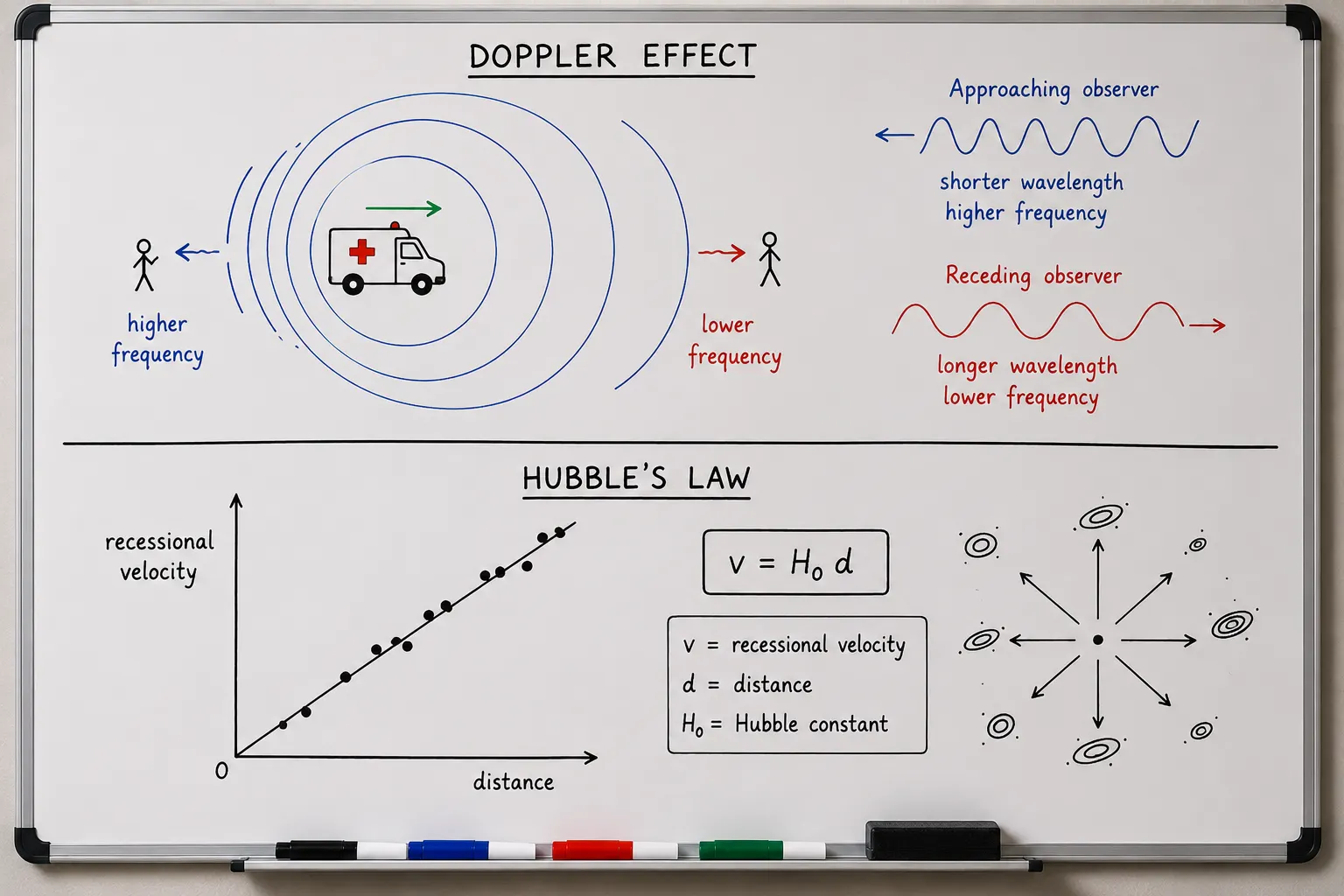 Doppler effect and Hubble's law diagram used in Higher Physics tutoring sessions in Glasgow