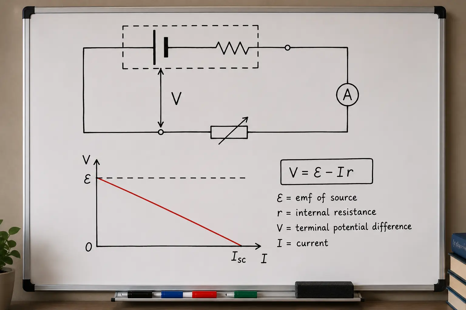 Whiteboard diagram of an internal resistance circuit used in SQA Higher Physics tuition in Glasgow