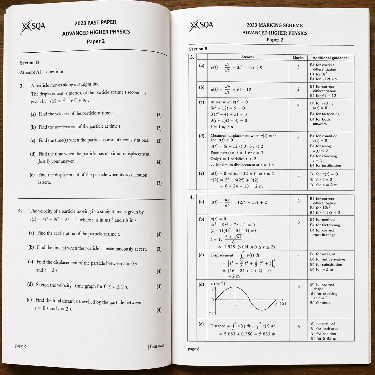 SQA Advanced Higher Physics past paper open alongside marking scheme showing calculus question