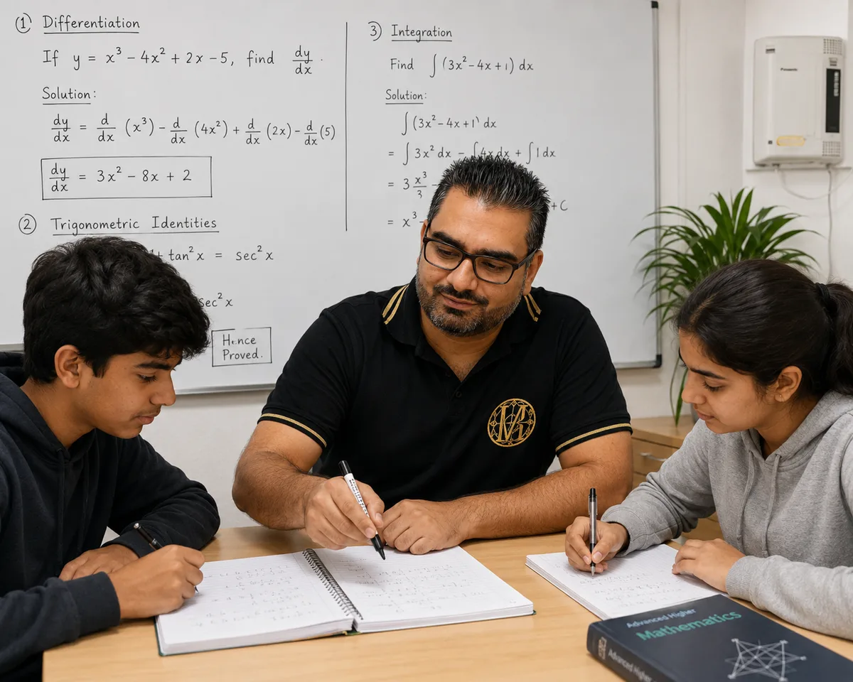 Mohammad Raza working through Advanced Higher Maths with two students