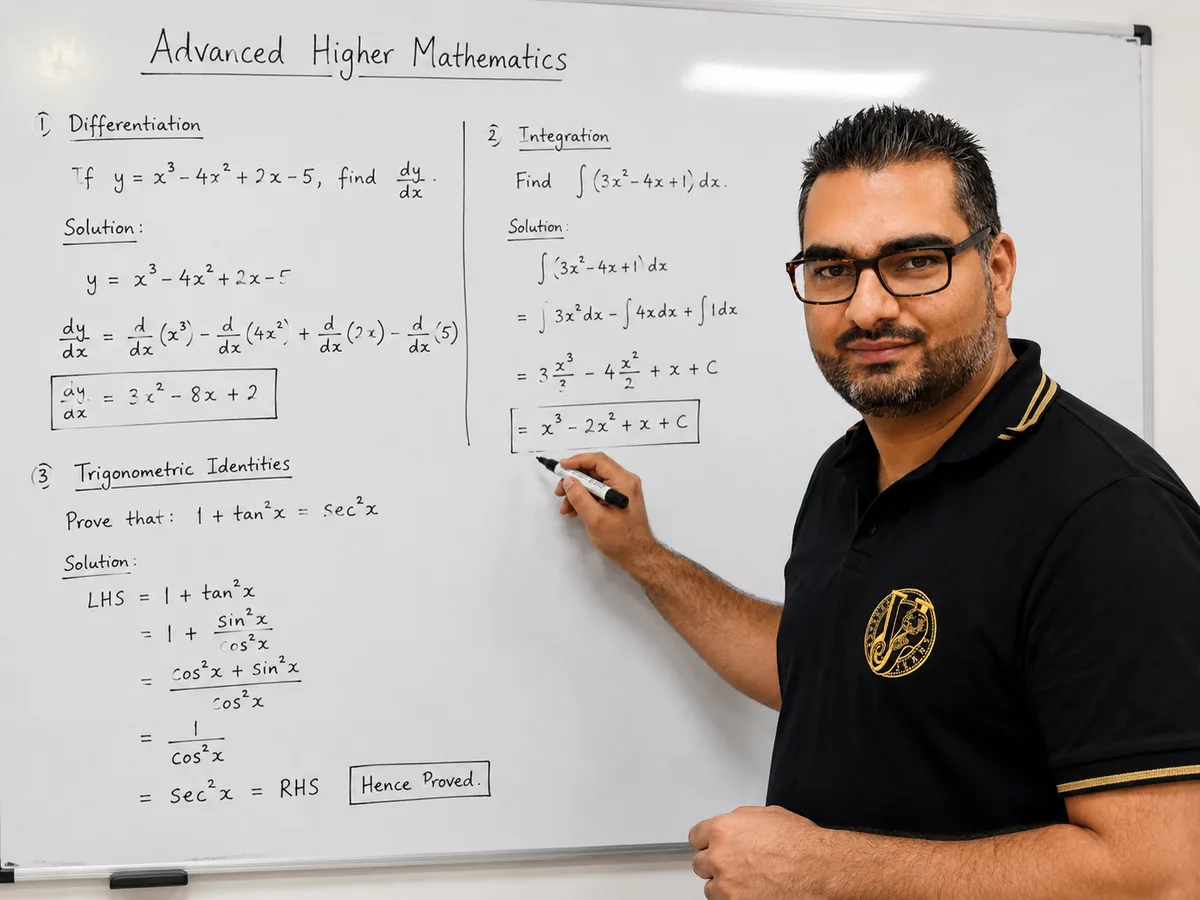 Mohammad Raza teaching Advanced Higher Mathematics at the whiteboard in Glasgow